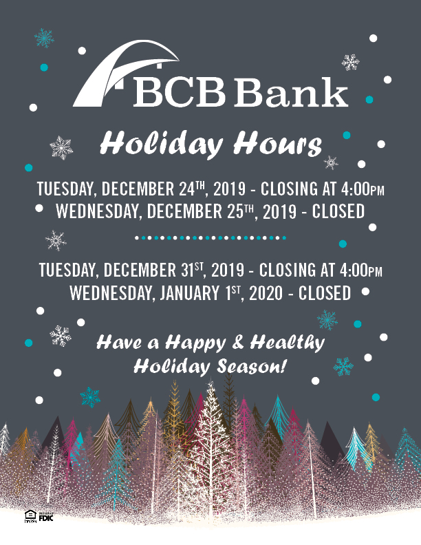 BCB Bank Christmas and New Years hours 2019